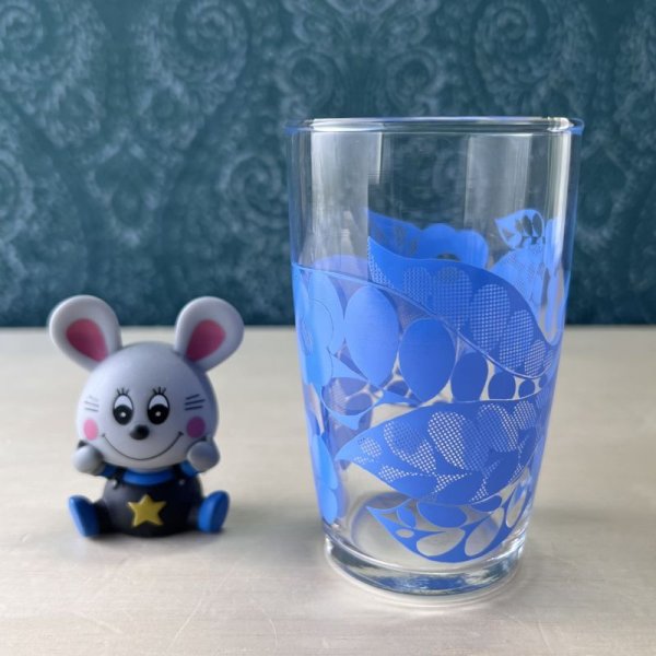 画像1: 佐々木ガラス　ラブリー５　青いリーフと花柄　グラスタンブラー　ブルー　 (1)