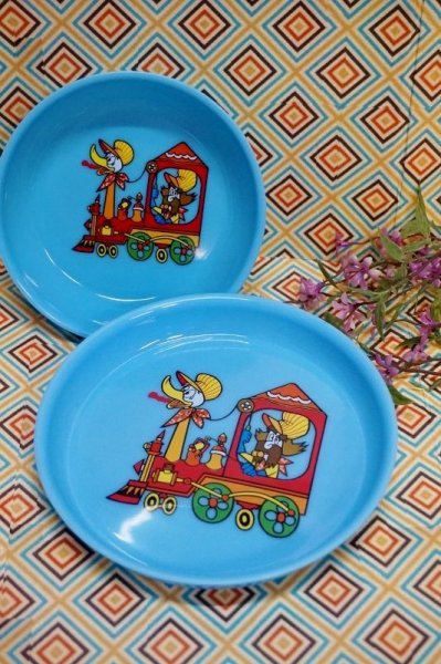 画像1: プラスチック食器　あひるの機関車　丸皿プレート　ブルー　サイズ２種　PS16 (1)