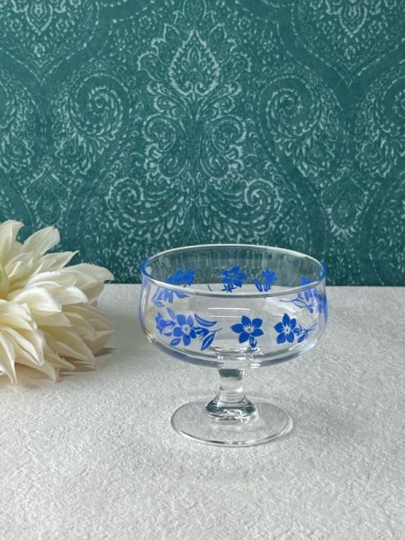 画像1: KAMEI カメイガラス　サンデー5　アイスクリームカップ　デザートグラス　CUTE　ブルー　花柄　JK6 (1)