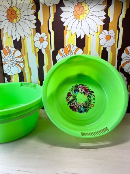 画像1: アウトレット　在庫限り特価！大きな洗い桶　花柄　グリーン　水切り付き (1)