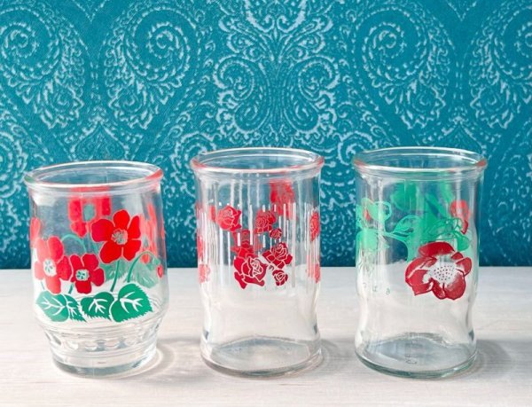 画像1: 昭和のワンカップグラス　vintage　各種　赤　花柄　GL288 (1)