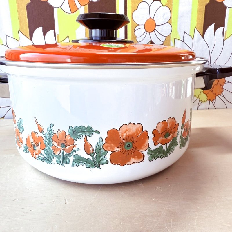 画像4: 三基ホーロー　サンクックホーロー鍋　ソースパン　両手鍋　ゴールドフラワー　花柄　オレンジ蓋 (4)