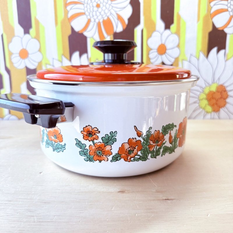 画像5: 三基ホーロー　サンクックホーロー鍋　ソースパン　両手鍋　ゴールドフラワー　花柄　オレンジ蓋 (5)