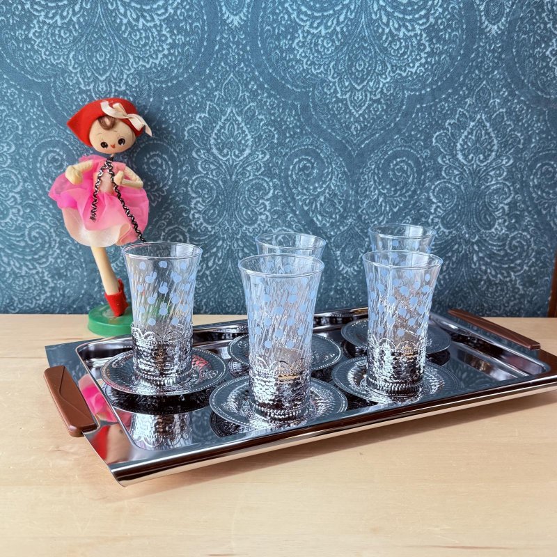 画像1: ステンレストレー＆コースター＆ホルダー付き水玉のグラスセット　 (1)