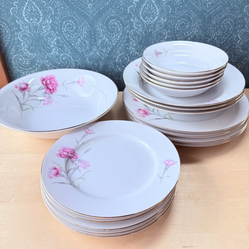 画像1: SAMYO　TOKI　日本製　カーネーションの器セット　花柄プレート　サラダボウル　大皿など　未使用品 (1)