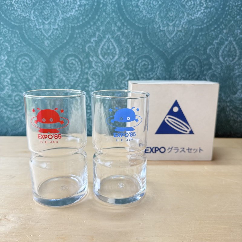 画像1: つくば万博　EXPO85　グラスセット　コスモ星丸グラス　青と赤２個セット　 (1)