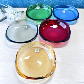昭和レトロKAGAMI CRYSTAL ブルー金彩中鉢＊4色ガラス鉢まとめて5点 KAGAMI CRISTAL カガミクリスタル ナッツボール ナス型ガラス器 1個