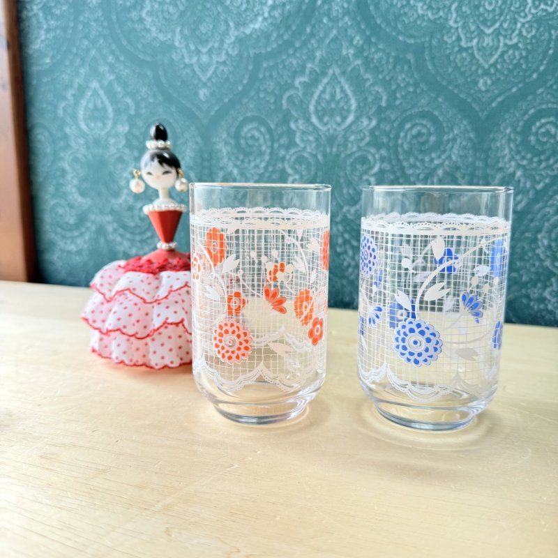 画像2: レースが可愛らしい　花柄グラス　タンブラー　オレンジ系　ブルー系　各種　 (2)