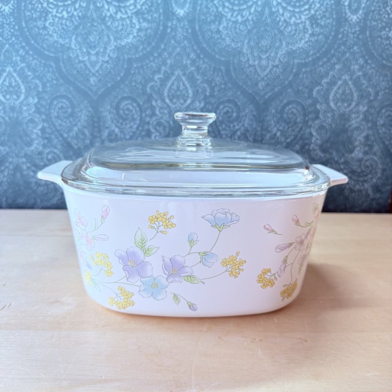 画像1: Pyrex　パイレックス蓋　コーニングウェア　パステルブーケ　スクエアキャセロール　鍋　花柄　パイロセラム (1)