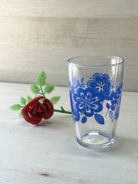 画像1: ADERIA　アデリアガラス　ブルー花柄　ポップな花グラス　タンブラー　 (1)