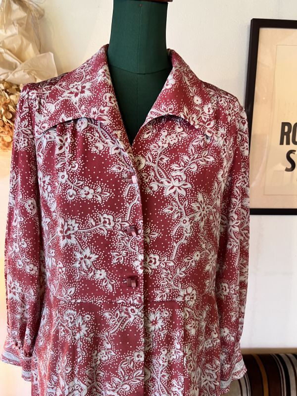 70年代vintageone-piece 昭和レトロワンピース ダークピンク系 開襟