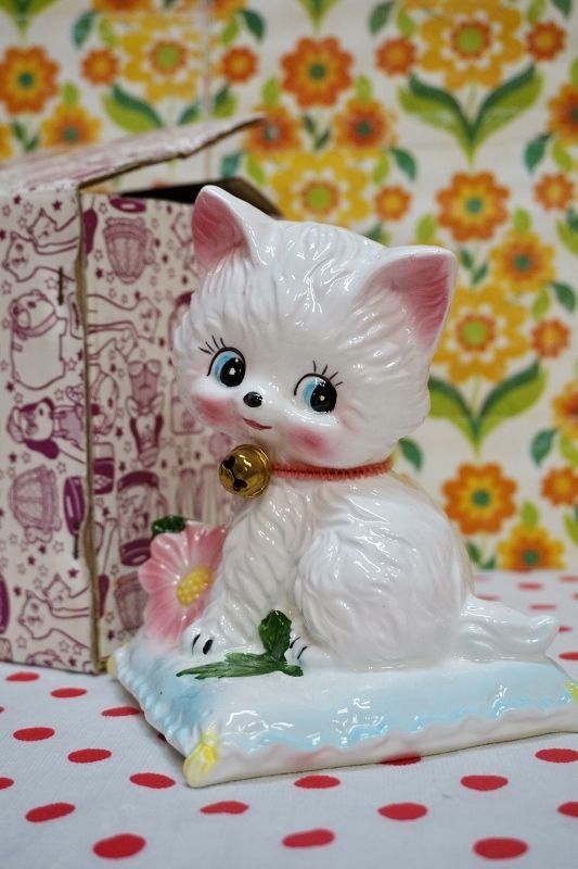 花柄 猫ちゃんvintage 陶器貯金箱✨新品未使用-eastgate.mk