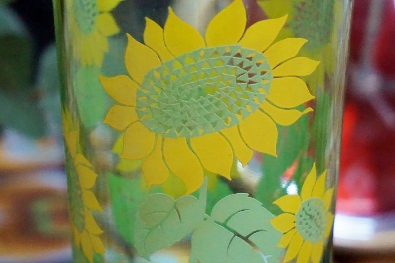 ADERIAアデリア グリーンガラス 向日葵 花柄足付きグラス G737