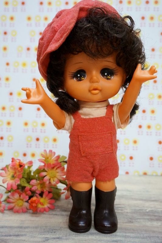 昭和レトロ 女の子人形 オーバーオール ソフビドール 28cm OM432