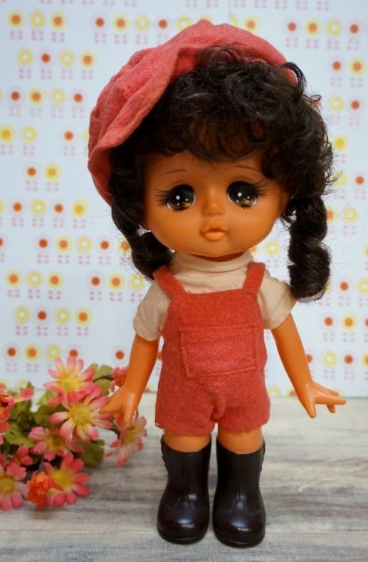 昭和レトロ 女の子人形 オーバーオール ソフビドール 28cm OM432
