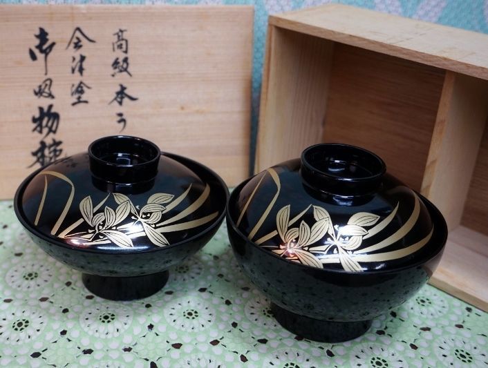 会津塗　三越デパート　『黒千鳥吸物椀　扇面鉄扇』　お椀　5杯 プレうー特価』 会津塗 三越デパート 『黒千鳥吸物椀 扇面鉄扇