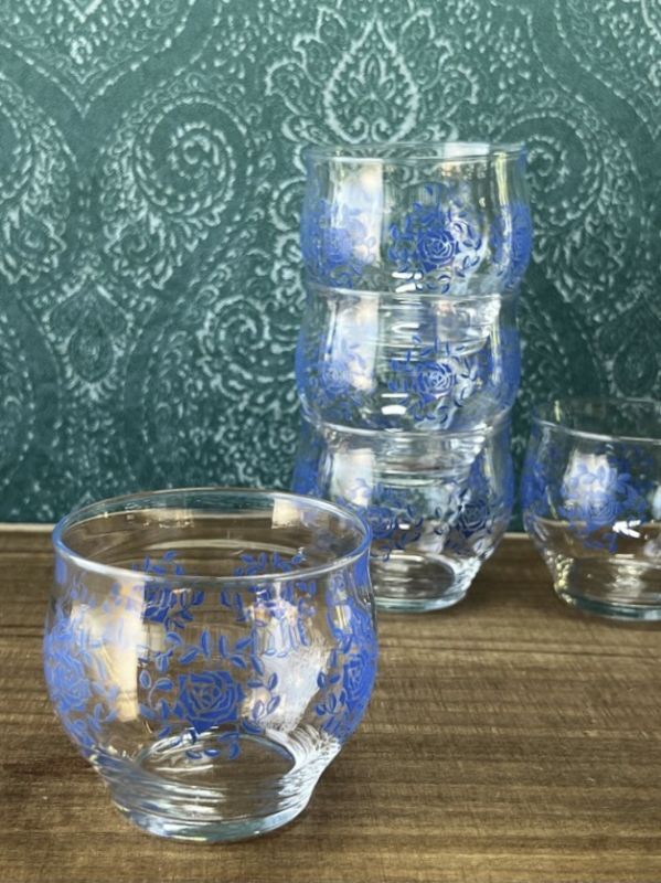 レトロタンブラー　ブルーガラス　花柄　5個　グラス