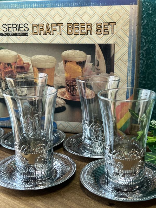【昭和レトロ】アンティーク一口ビールグラス　グラススタンドセット（５つセット）