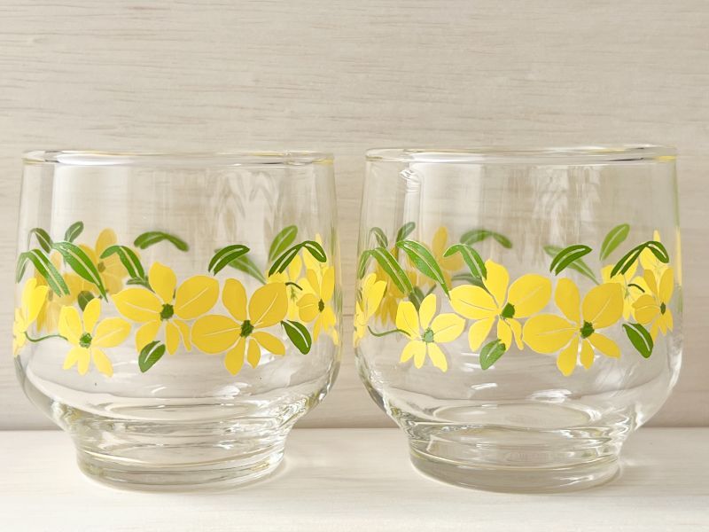 佐々木ガラス 黄色い花柄のグラス 1個 GL308