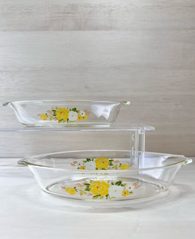 アンティーク　オールドパイレックス　黄色お花　グラタン皿3枚セット　昭和レトロ