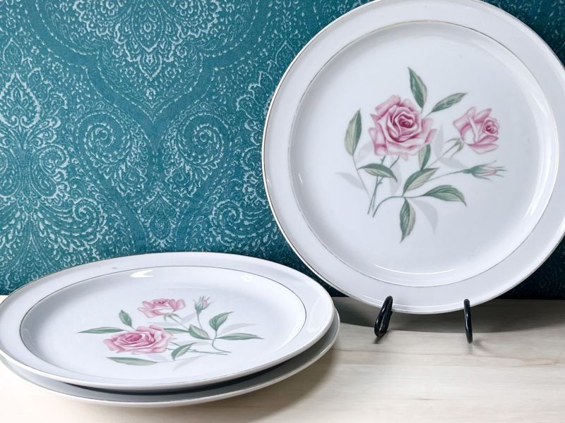 SONE CHINA ソネチャイナ vintageplate 26.5cmプレート皿 3枚セット ピンクの薔薇 花柄 SS294