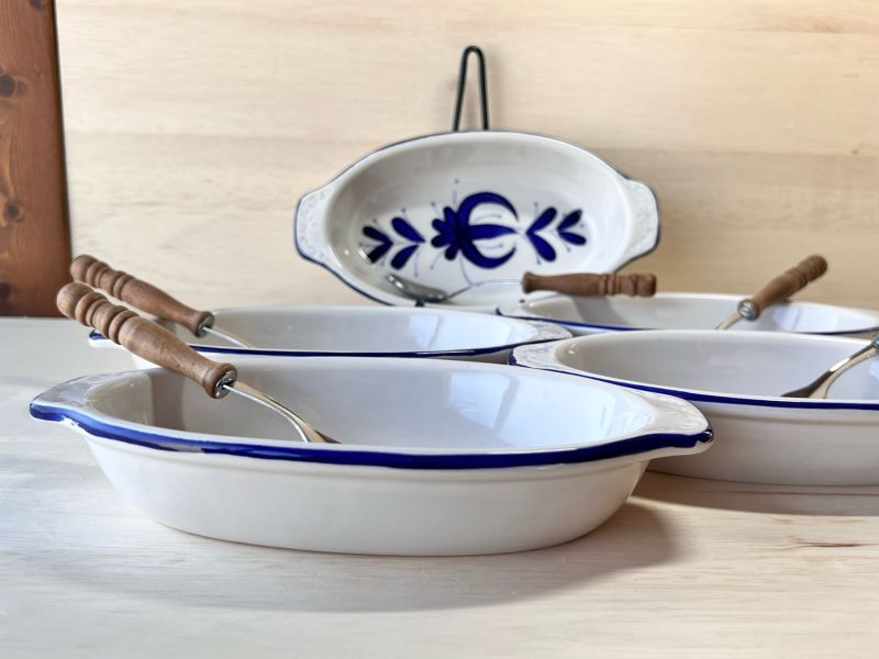 select china ボストンブルー 北欧風グラタン皿 木製持ち手のフォーク付き 5個セット