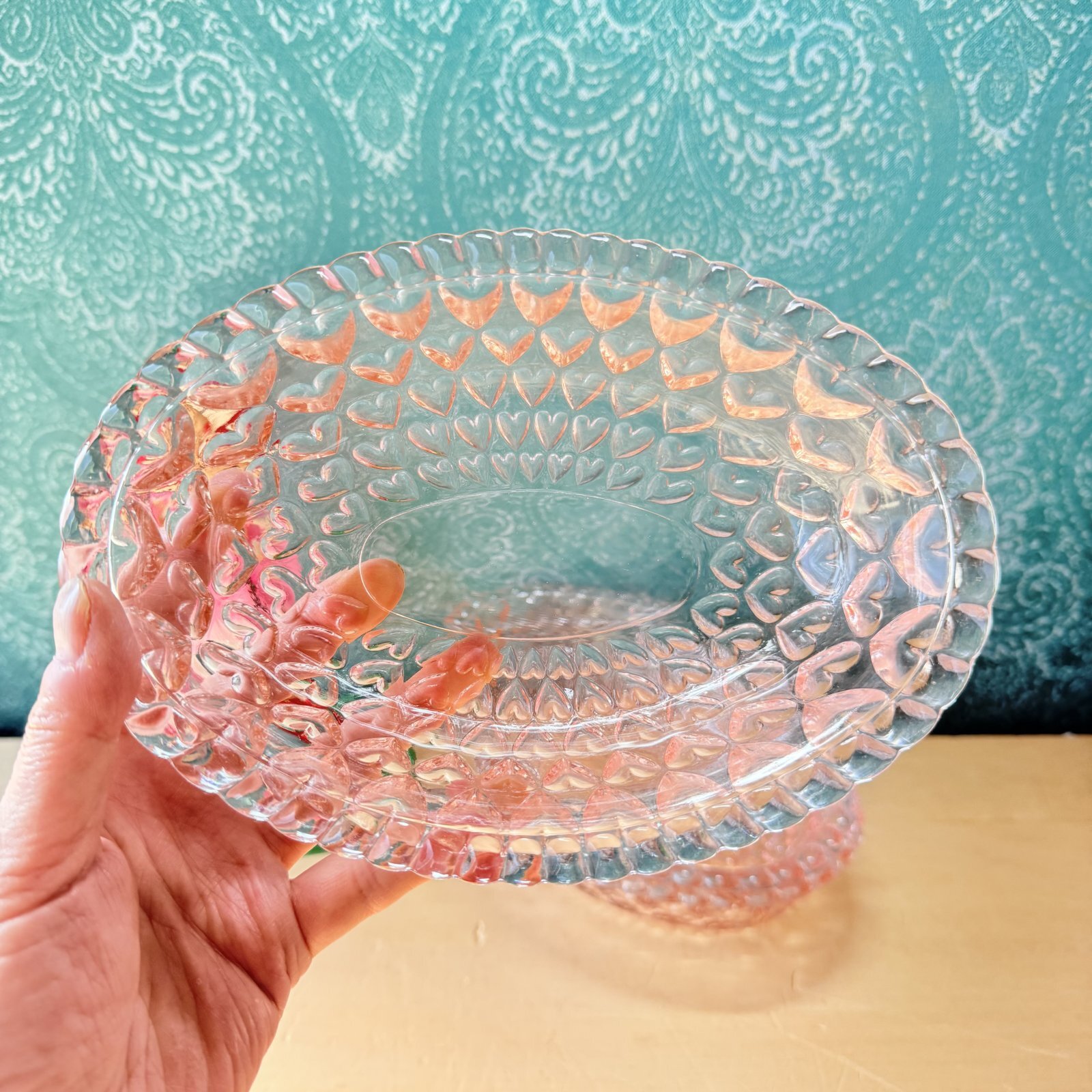TOYO GLASSWARE 東洋ガラス株式会社　ピンクハート　昭和レトロ TOYO 東洋ガラス シャンゼリーゼ 楕円深皿 ハート ピンク ガラス