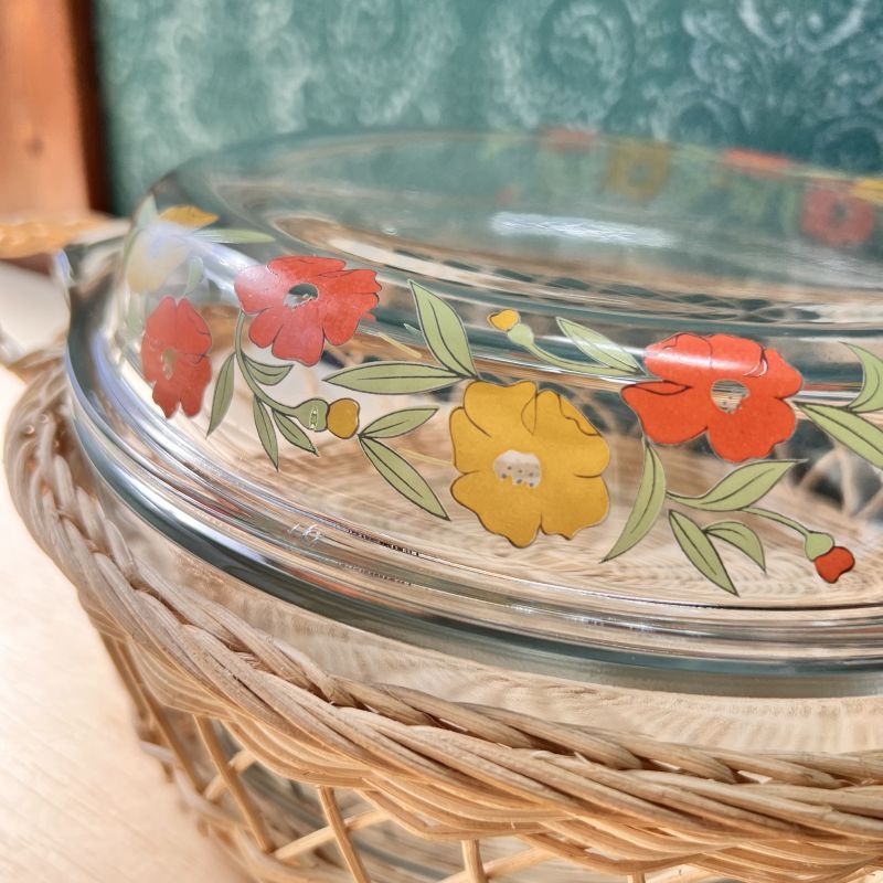 ネオレックス 耐熱ガラス鍋キャセロール オレンジ系花柄 籠付き
