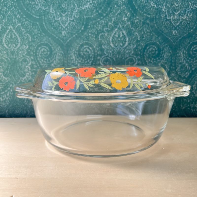 ネオレックス 耐熱ガラス鍋キャセロール オレンジ系花柄 籠付き